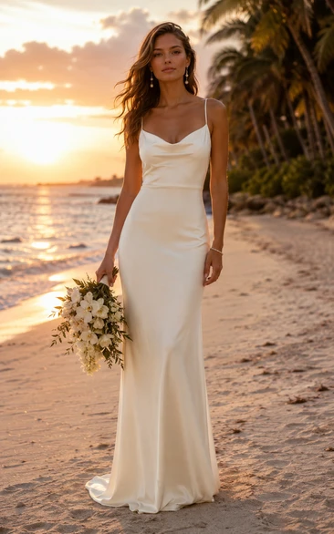 Ivory Cowl Satin Sheath Wedding Dress with Draping
