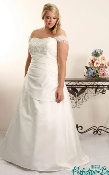 A-Line Long Off-The-Shoulder Satin Plus Size Wedding Dress With Appliques
