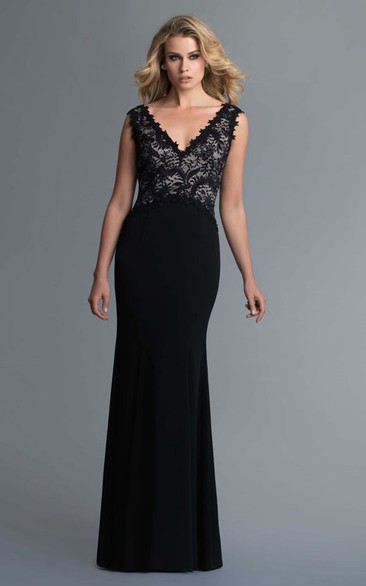Sheath V-Neck Sleeveless Jersey Lace Deep-V Back Dress