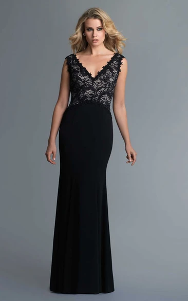 Sheath V-Neck Sleeveless Jersey Lace Deep-V Back Dress