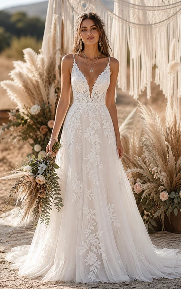 Boho A-Line Lace Wedding Dress with V-neck, Sleeveless and Lace Appliques, Floor Length