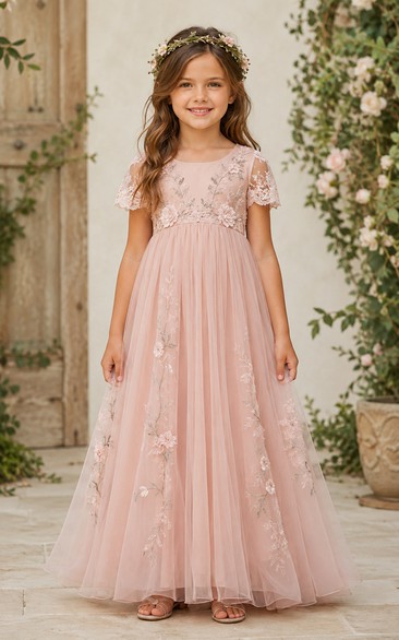 Blushing Pink A-Line Lace Flower Girl Dress with Appliques, Floral Details