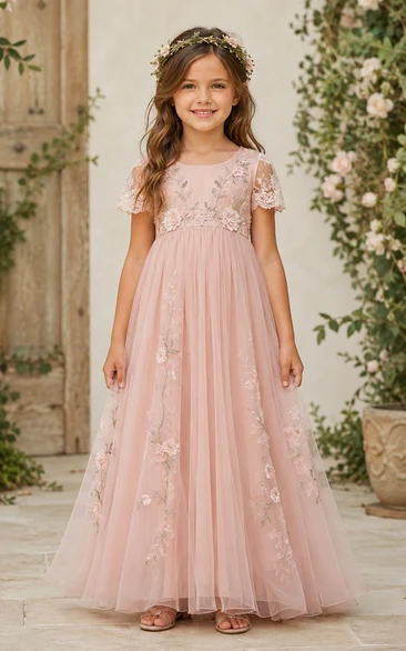 Blushing Pink A-Line Lace Flower Girl Dress with Appliques, Floral Details