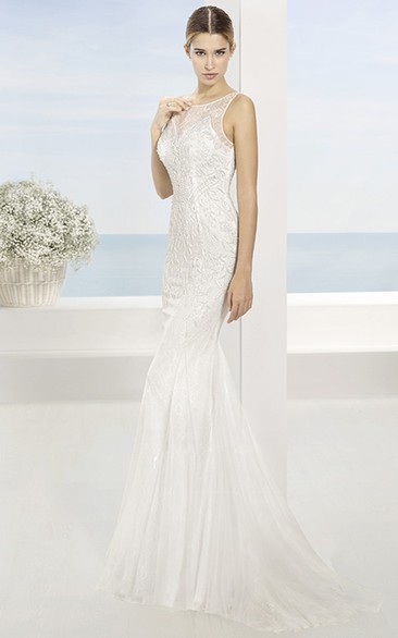 Sheath Appliqued Floor-Length Bateau Sleeveless Lace Wedding Dress With Sweep Train And Illusion Back