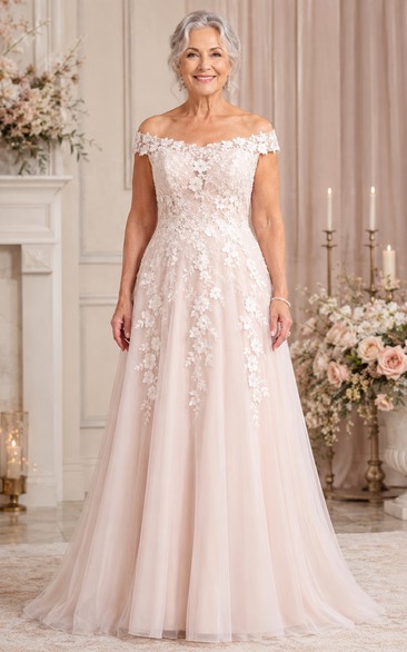 Blushing Pink Off Shoulder Lace A-Line Older Brides Wedding Dress