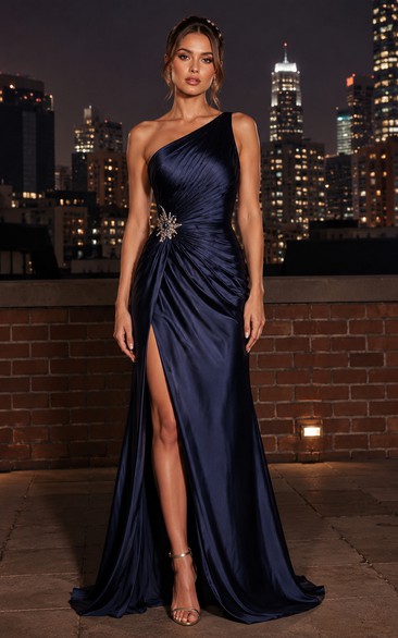 Satin Evening Dress in Dark Navy, One-Shoulder Sheath Floor-Length Gown with Crystal Brooch and Ruching