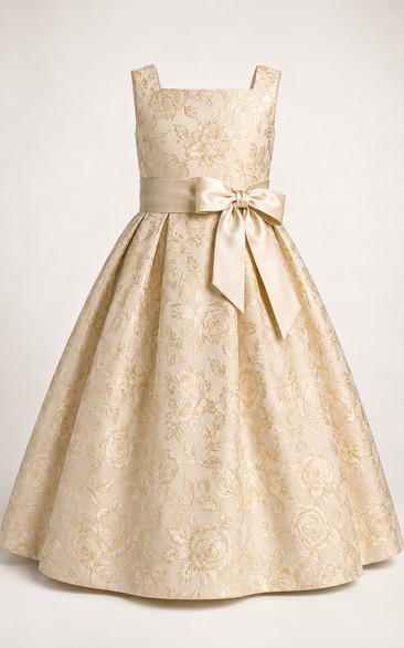 Champagne Ball Gown Satin Flower Girl Dress with Bow Sash