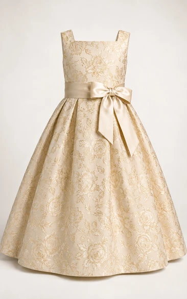 Champagne Ball Gown Satin Flower Girl Dress with Bow Sash