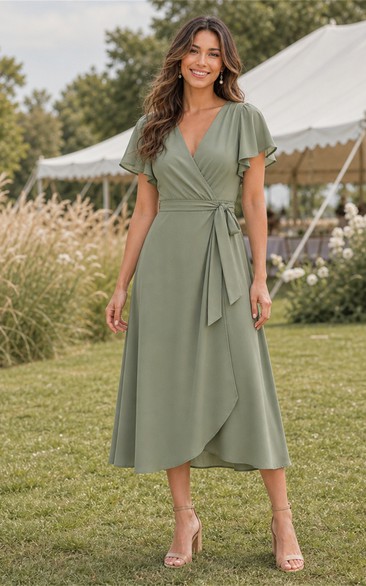 Sage V-neck Flutter Sleeve Wrap Midi Dress