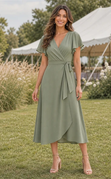 Sage V-neck Flutter Sleeve Wrap Midi Dress