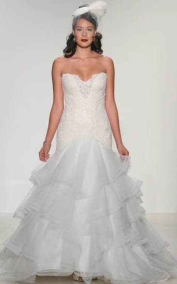 A-Line Sweetheart Tiered Floor-Length Organza&Lace Wedding Dress With Appliques And Deep-V Back