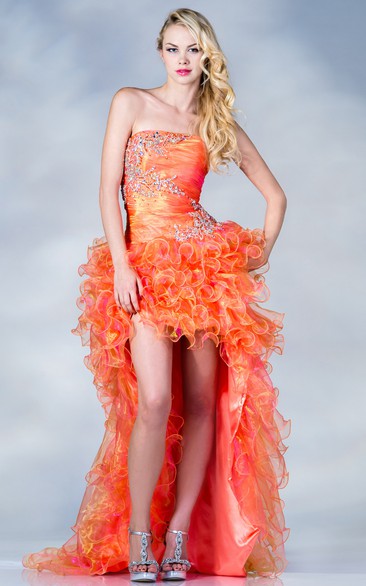 A-Line High-Low Strapless Sleeveless Organza Dress With Ruching And Beading