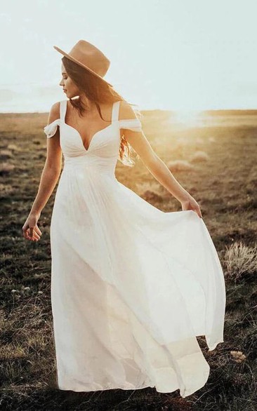 Simple Empire Chiffon Strapped Flowy Pleated Wedding Dress