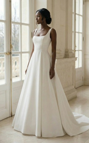 Simple Satin Wedding Dress A-Line Square Neck Sleeveless Bridal Gown with Train