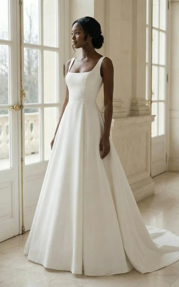 Simple Satin Wedding Dress A-Line Square Neck Sleeveless Bridal Gown with Train