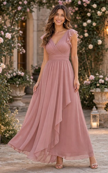 Dusty Rose Flutter Sleeve Chiffon Floor-length Dress