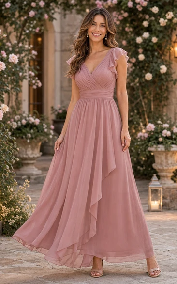 Dusty Rose Flutter Sleeve Chiffon Floor-length Dress