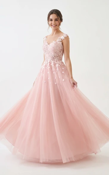 Blush Pink Ball Gown Lace Applique Tulle A-Line Prom Dress with Sheer Straps