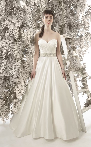 A-Line Floor-Length Sweetheart Jeweled Sleeveless Satin Wedding Dress