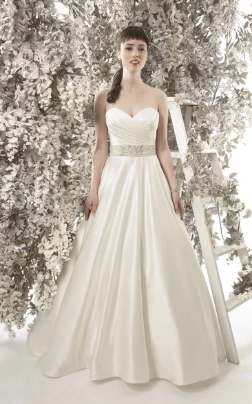 A-Line Floor-Length Sweetheart Jeweled Sleeveless Satin Wedding Dress