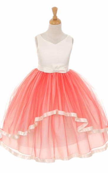 Tea-Length Peplum Bowed Tiered Tulle&Satin Flower Girl Dress With Sash