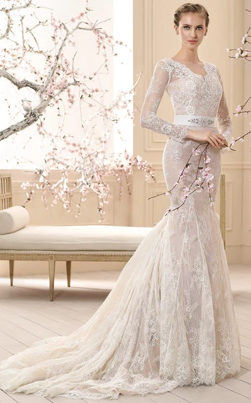 Sheath V-Neck Floor-Length Long-Sleeve Appliqued Lace Elegant Wedding Dress With Waist Jewellery And Bow