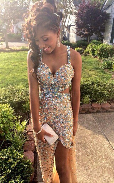 Split Beadings Sexy Prom Dress Stunning Crystal Straps and Front