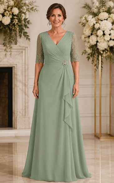 Sage V-Neck Chiffon A-Line Mother of the Bride Dress with Lace Sleeves