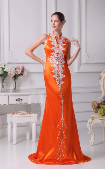 V-Neck Sheath Long Sleeveless Appliques and Dress With Stress