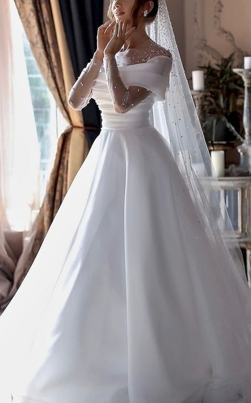 Off-Shoulder Ball Gown with Pearl-Accented Illusion Sleeves