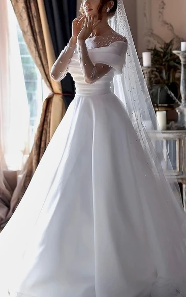 Off-Shoulder Ball Gown with Pearl-Accented Illusion Sleeves
