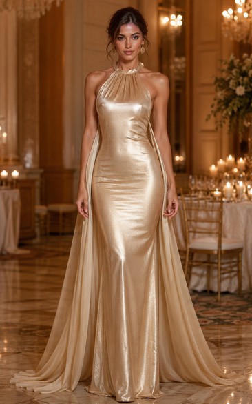 Gala Dinner Gold Halter Cape Mermaid Evening Gown