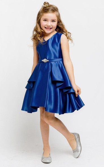 Split Knee-Length Split-Front Beaded Satin Flower Girl Dress With Sash