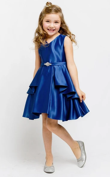 Split Knee-Length Split-Front Beaded Satin Flower Girl Dress With Sash