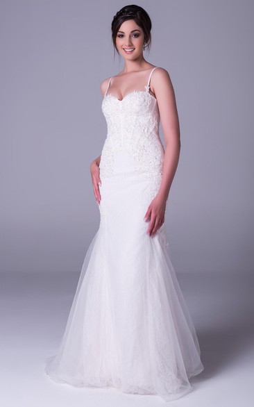 Trumpet Appliqued Long Spaghetti Sleeveless Tulle Wedding Dress