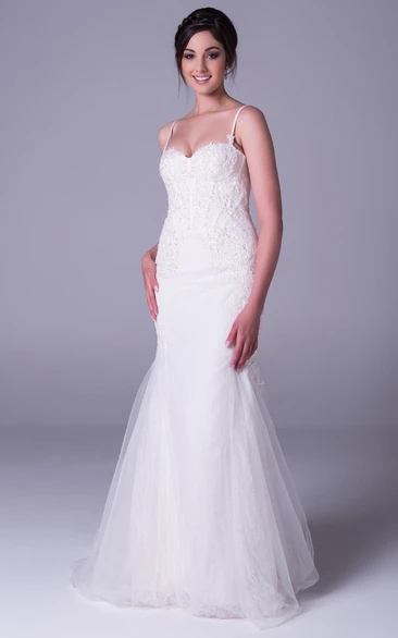 Trumpet Appliqued Long Spaghetti Sleeveless Tulle Wedding Dress