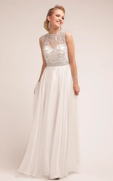 A-Line Long Jewel-Neck Sleeveless Satin Dress With Beading