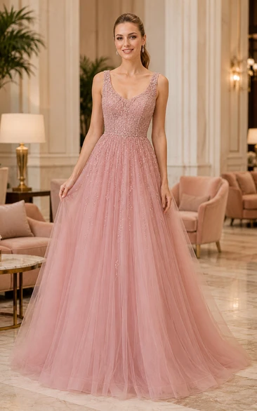 Vestido de fiesta de corte A de tul rosa empolvado con purpurina y corpiño con escote en V.