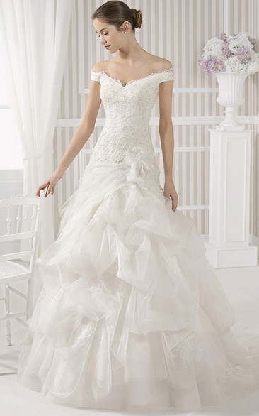 Ball Gown Maxi Off-The-Shoulder Appliqued Tulle Wedding Dress Styles
