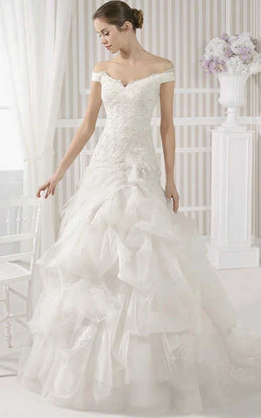 Ball Gown Maxi Off-The-Shoulder Appliqued Tulle Wedding Dress Styles