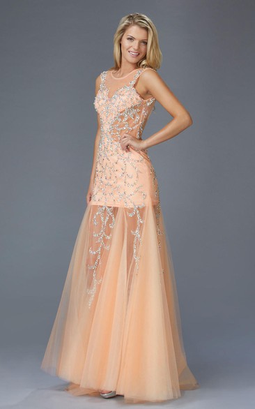 A-Line Maxi Scoop-Neck Sleeveless Tulle Low-V Back Dress With Beading