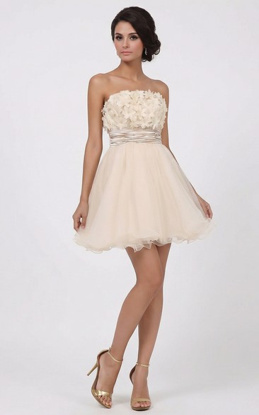 Champagne A-Line Mini Dress with Flowers