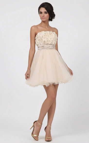 Champagne A-Line Mini Dress with Flowers
