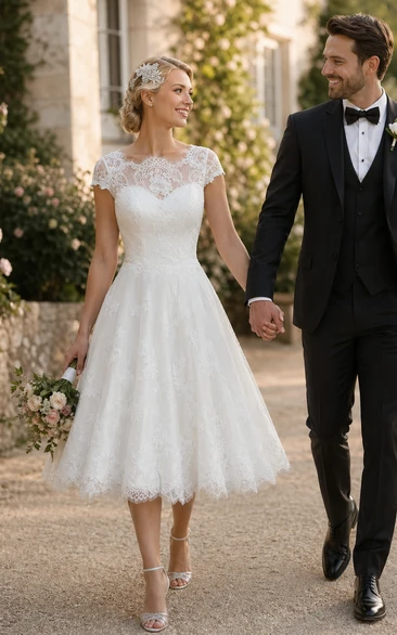 A-Line Mini Jewel V-Neck Bell Cap Appliques Zipper Lace-Up Back Lace Dress