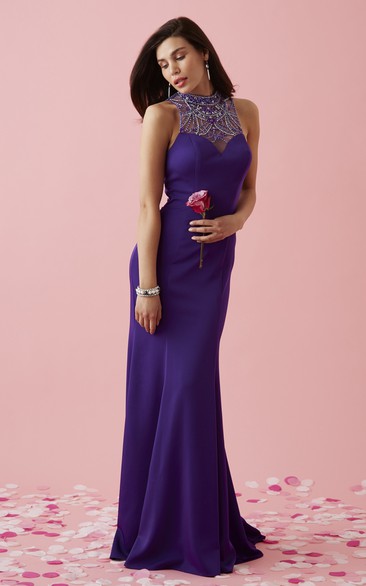 Sheath Jewel-Neck Sleeveless Jersey Illusion Dress With Beading