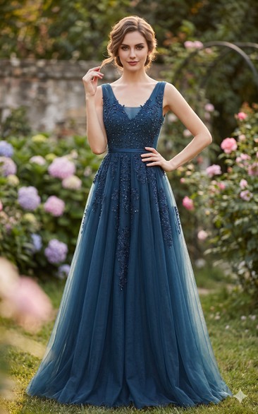 Vestido de fiesta/dama de honor sin mangas, plisado, de corte imperio, azul marino oscuro, de tul, con falda en A y largo hasta el suelo.