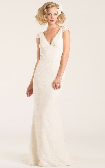 V-Neck Long Cap-Sleeve Lace Wedding Dress With Sweep Train And Backless