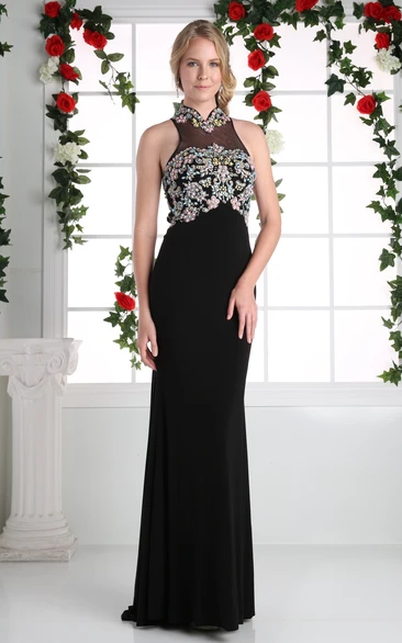 Keyhole Sheath High Neck Sleeveless Jersey Illusion Dress With Beading