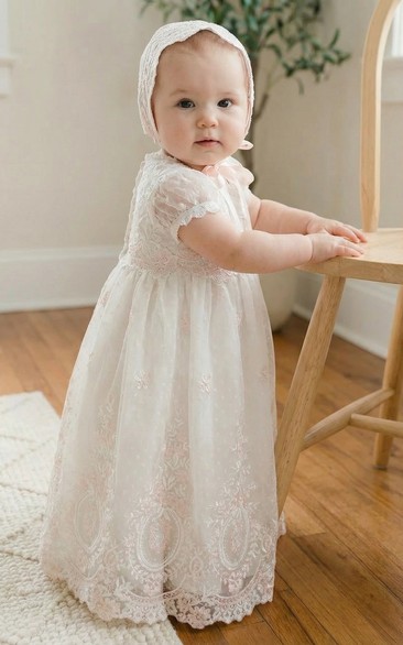 Christening Flower Girl Dress White Lace Baby Gown with Matching Bonnet