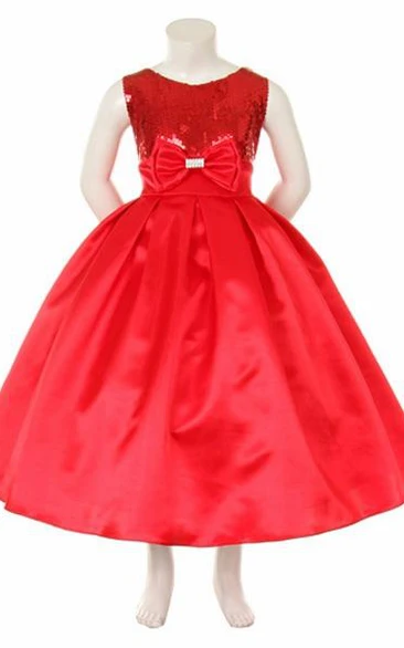 Tea-Length Bowed Sequins&Satin Flower Girl Dress